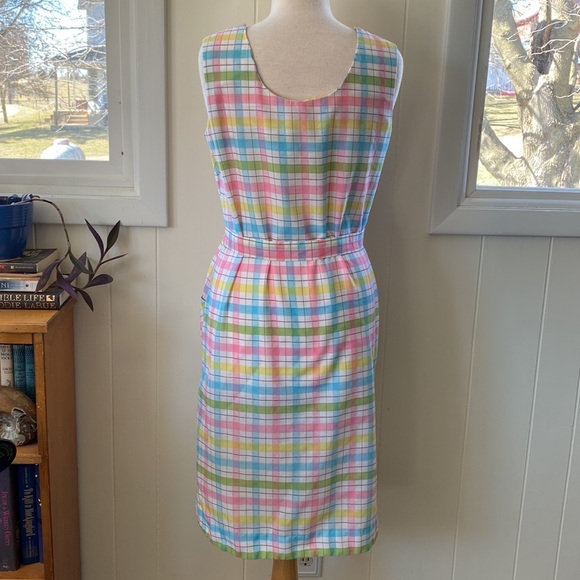 Vintage 60s Pastel Rainbow Plaid Zip Front Belted Housedress M/L - Picture 2 of 9